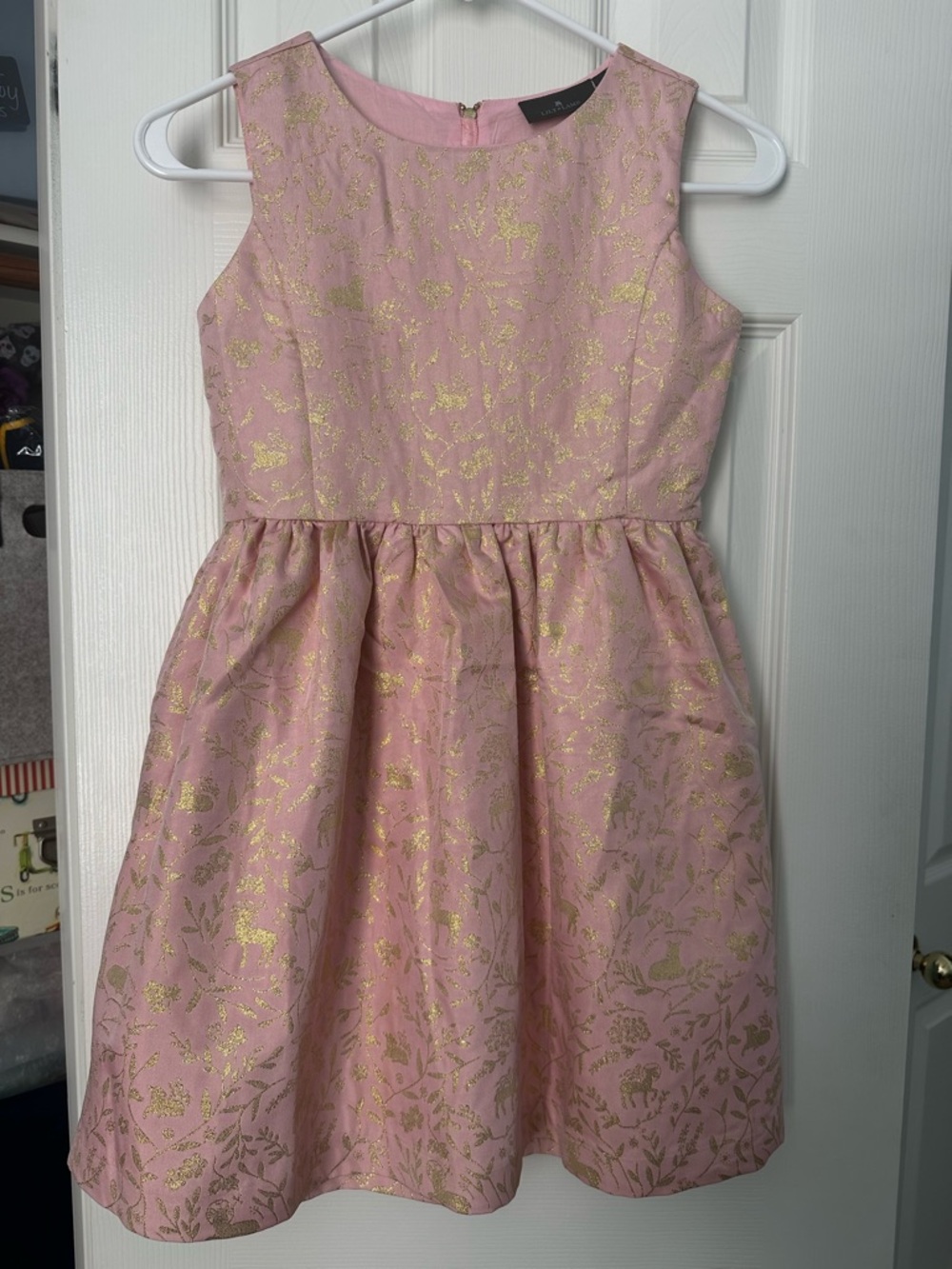 Girls' Classic Party Dress, Pink with Gold Floral Brocade pattern
